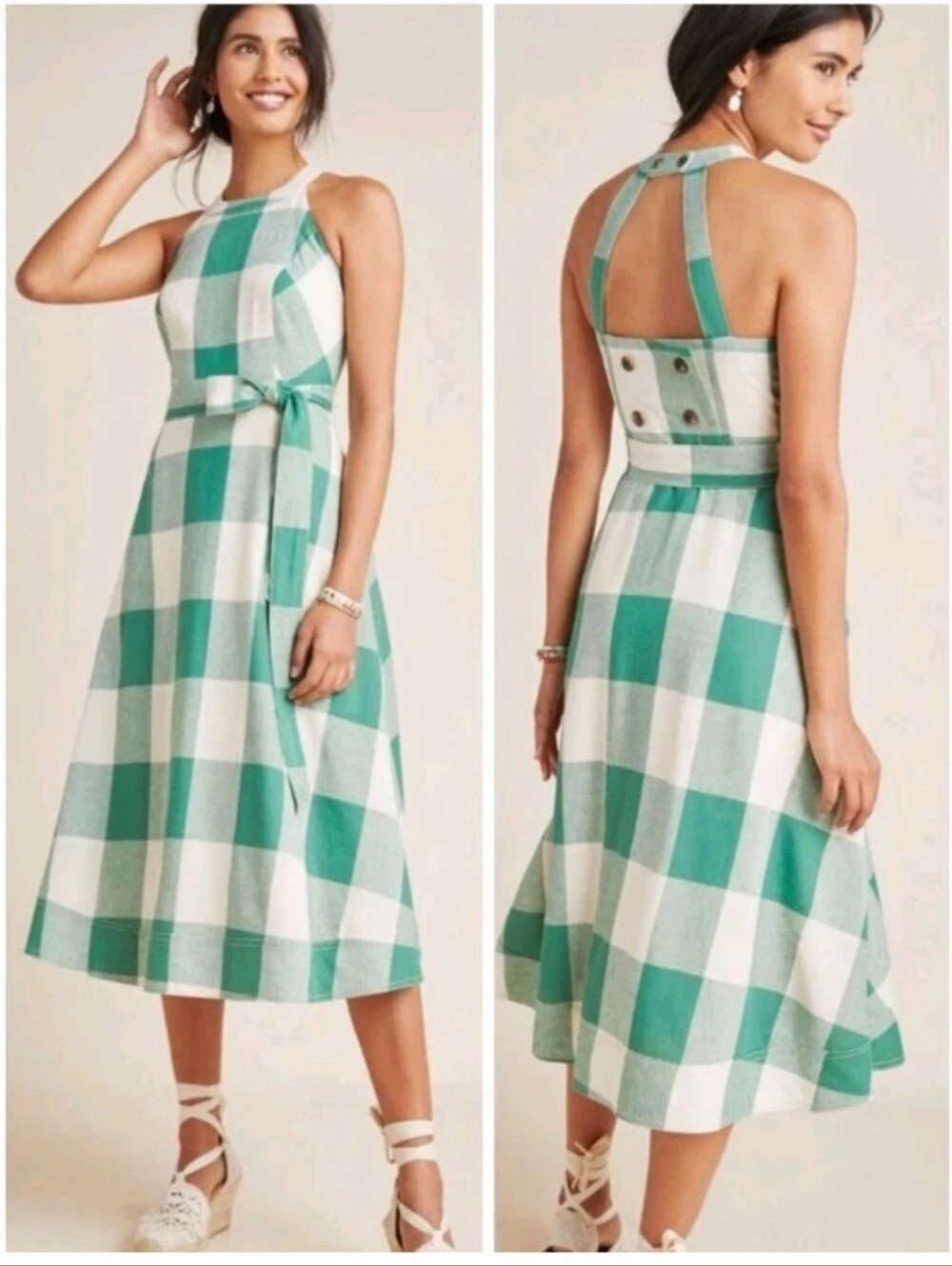 Mauve Anthropologie Greta Gingham Halter Midi Dress XS/0 Green Linen Sundress
